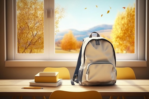 Schulranzen Hintergründe Schulmaterial auf hölzernen Schreibtisch Fenster Herbstansicht