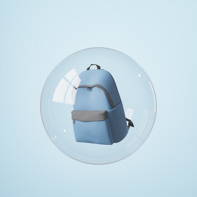 Schulrucksack bedeckt von einer Glaskugel mit Fensterreflexionen. Konzept der Isolation, Coronavirus und zurück zur Schule. 3D-Rendering