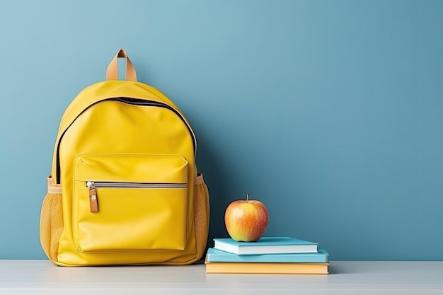 Schulrucksack mit Büchern und Apfel auf dem Tisch vor blauer Wand Zurück zum Schulkonzept