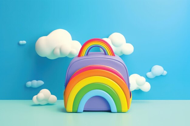 Schulrucksack mit bunten Buntstiften, Stiften und anderen Schulutensilien mit Regenbogen