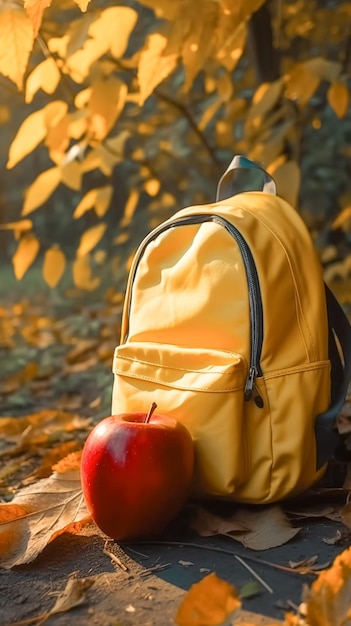 Schulrucksack und ein Apfel auf einem verschwommenen Waldhintergrund, generative KI