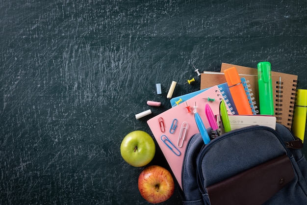 Schulrucksack und Schulbedarf mit Tafelhintergrund