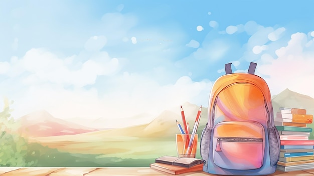 Schulrucksäcke Schulgeräte auf weißem Hintergrund leichte Aquarellmalerei Zeichnung zurück zur Schule