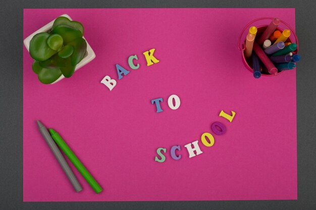 Schulset mit rosafarbenem Papiertext Zurück zur Schule von Holzbuchstaben und Buntstiften