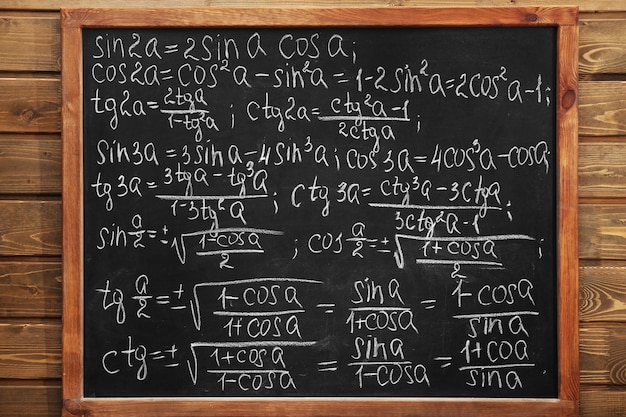 Schultafel mit Formeln an einer Ziegelwand