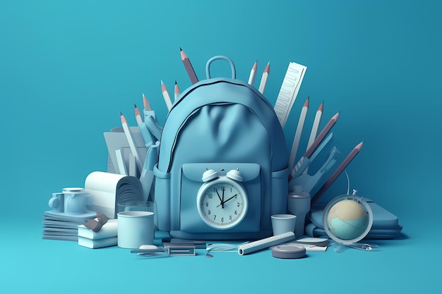 Schultasche mit Büchern und Zubehör und einem Wecker auf blauem Hintergrund 3D-Illustration