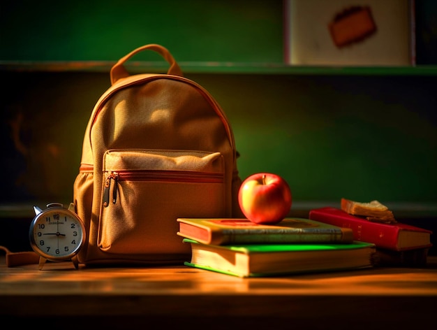 Schultasche und Bücher auf Holztisch mit Schulelementen