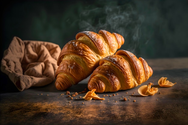 schuppige, buttrige Schichten eines frisch gebackenen Croissants. Die warme, goldbraune Farbe und Dampf.