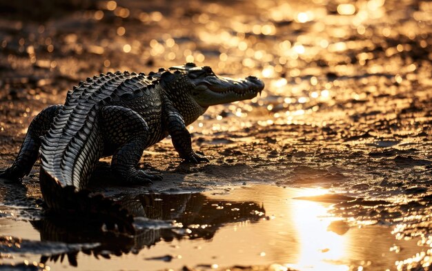 Schuss eines Krokodils mit einer gewaltigen Silhouette, der an den Rändern seines Territoriums patrouilliert.