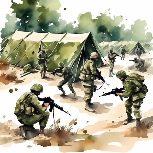 Foto schutz einer militärischen einrichtung handgemalte aquarellillustration