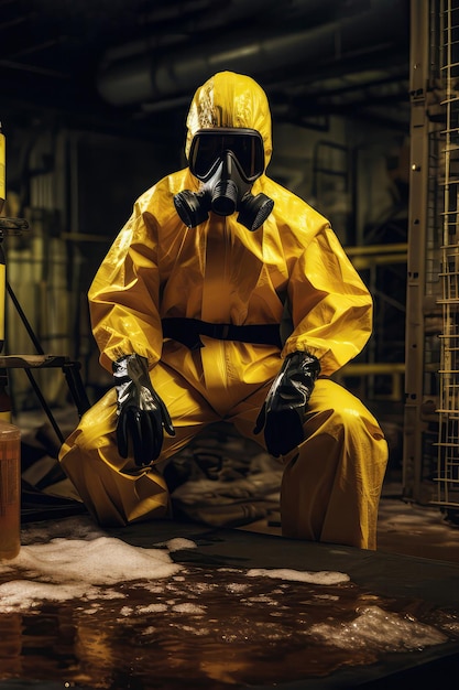 Schutzanzüge und Warnschilder für den Notfall bei verschütteten Chemikalien Generative KI