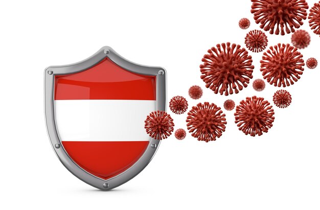 Schutzschild der österreichischen Flagge vor einem Virusbakterium d render