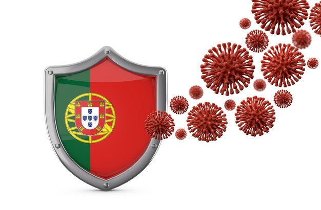 Schutzschild der portugiesischen Flagge vor einem Virusbakterium d render