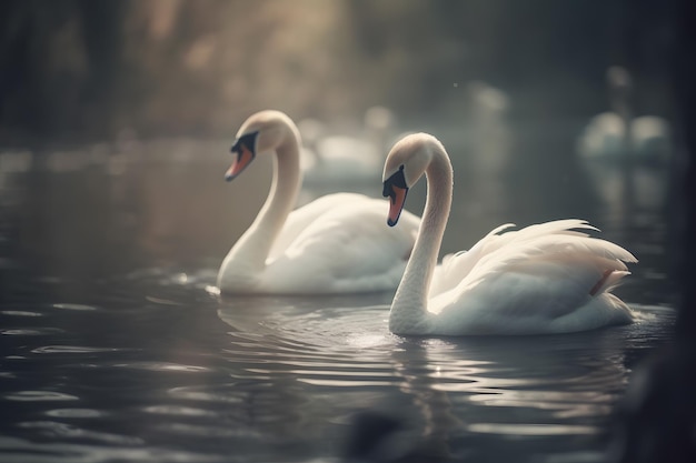 Schwäne schwimmen auf dem Wasser in der Natur. Neuronales Netzwerk, KI generiert