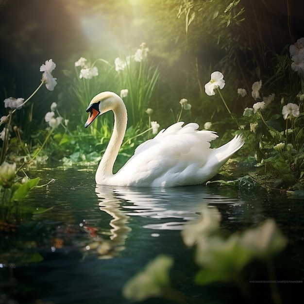 Schwäne schwimmen im Sommer im Natursee