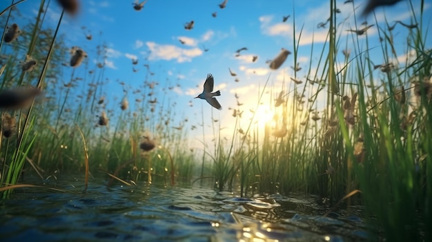 Schwäne und Schwäne schwimmen im Sommer in einem See