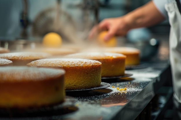 Schwammkuchen mit Zuckerpulver auf einem Kühlregal in einer kommerziellen Bäckerei
