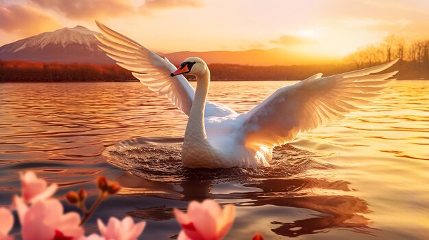 Foto schwan breitet flügel im fluss aus