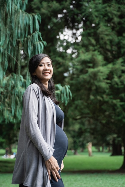 Schwangere asiatische junge Frau, die im Park steht