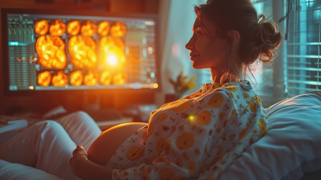 Schwangere Frau beim Ultraschall Erwartung und Freude, als zukünftige Mütter den magischen Moment erleben, das Bild ihres Babys zum ersten Mal durch Ultraschallsysteme zu sehen