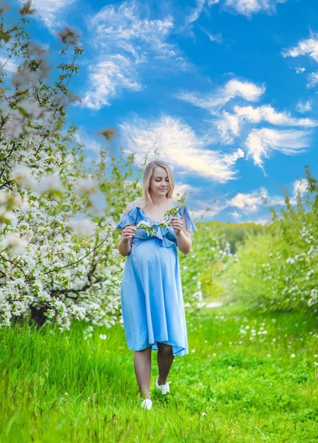 Schwangere Frau im Garten mit blühenden Apfelbäumen. Selektiver Fokus
