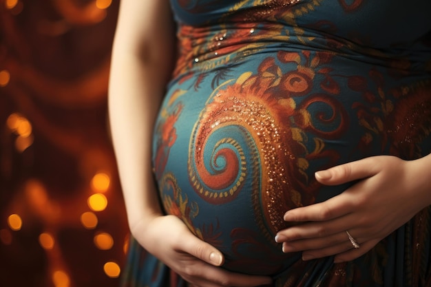 Schwangere Frau in einem blauen Kleid auf einem Hintergrund von Bokeh Schwarzer schwangerer Frauen Bauch Nahaufnahme KI generiert