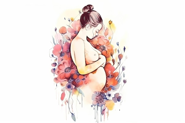 Foto schwangere frau mit blumen internationaler mutter-frau-tag handgezeichneter aquarell-illustration isoliert auf weißem hintergrund generative ki