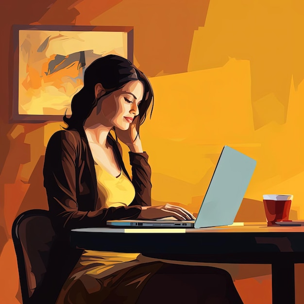 schwangere Frau mit Laptop am Tisch, Zeichentrickfilm-Illustration im Stil von Gelb und Bernstein