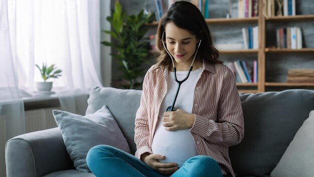 Schwangere Frau mit Stethoskop untersucht ihr Baby im Bauch