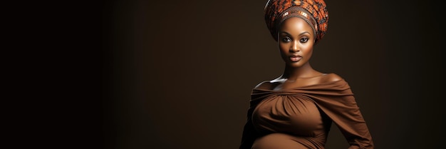 Schwangere schöne afrikanische Frau auf dunklem Hintergrund Banner Hochwertiges Foto Generative KI