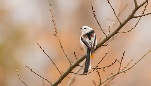 Schwanzmeise Aegithalos caudatus Herbstmorgen Schöner kleiner Vogel, der auf einem Ast sitzt