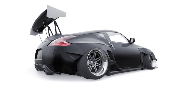 Schwarz abgestimmter Sportrennwagen mit Luftfederung mit Bogenverlängerungen und einem riesigen Spoiler 3D-Rendering