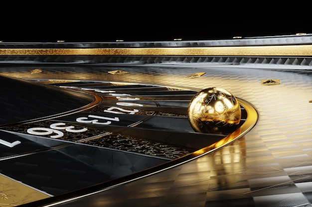 Schwarz-Gold-Roulette-Nahaufnahme. Casino-Konzept, Vegas, kreative Vorlage, Sucht. 3D-Darstellung, 3D-Rendering.