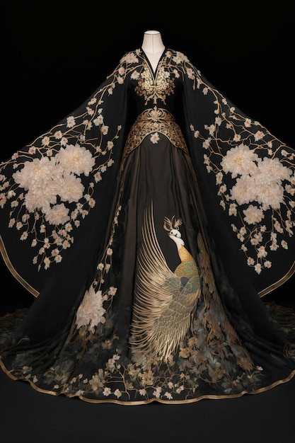 Schwarz-goldenes Kleid mit einem Pfau darauf generative ai