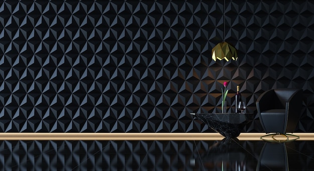 schwarz-goldenes Wohnzimmer mit geometrischer Musterwand