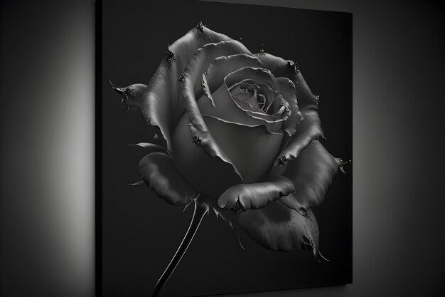 Schwarz-monochrome Rosenblüte auf tiefdunklem Hintergrund, blaue und violette Farbtöne, durch neuronale Netzwerke erzeugte Kunst