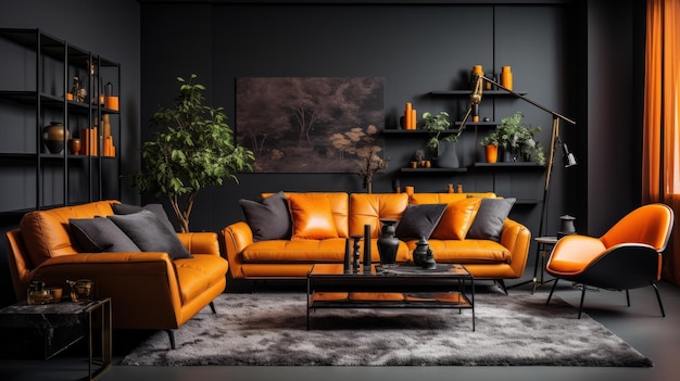 Schwarz-orange Innenraum des Wohnzimmers