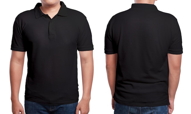 Schwarz-Polo-T-Shirt-Mockup vorne und hinten isolierte Ansicht Männliches Modell trägt schlichtes schwarzes Hemd-Mockup