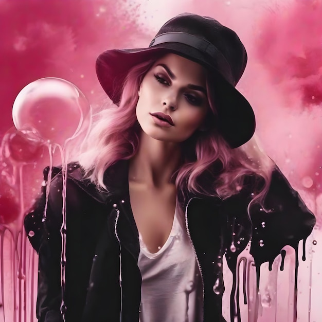 Schwarz-rosa Mädchen-Thema, runde Blase, tropfende Aquarell-Tintendesign-Hintergrundbild-Illustration