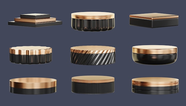 Schwarz- und Gold-Podiumset-Pack isolierte 3D-Rendering ohne KI-Generation auf blauem Hintergrund