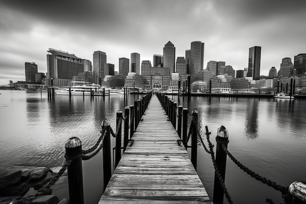 Schwarz-Weiß-Aufnahme des Bostoner Hafens und des Finanzviertels in Boston, Massachusetts