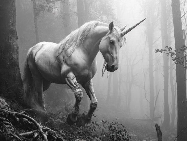 Schwarz-Weiß-Bild eines Einhorns in einem mystischen nebligen Wald, der Fantasie und Magie anruft