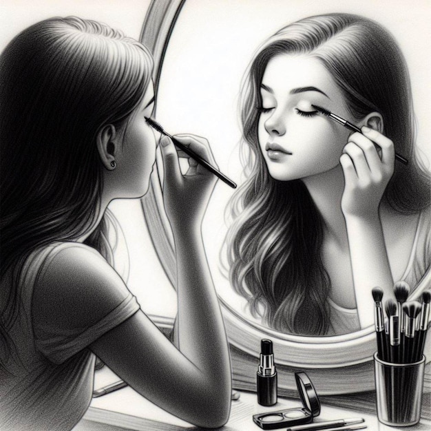 Foto schwarz-weiß-bild make-up-mädchen malt wimpern spiegel