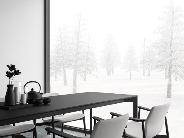 Schwarz-Weiß-Esszimmer im minimalistischen Stil 3D-Rendering, Es gibt Betonboden, weiße Wand. Mit schwarzen und weißen Möbeln ausgestattet, Das Zimmer hat große Fenster. Blick auf den Winter.