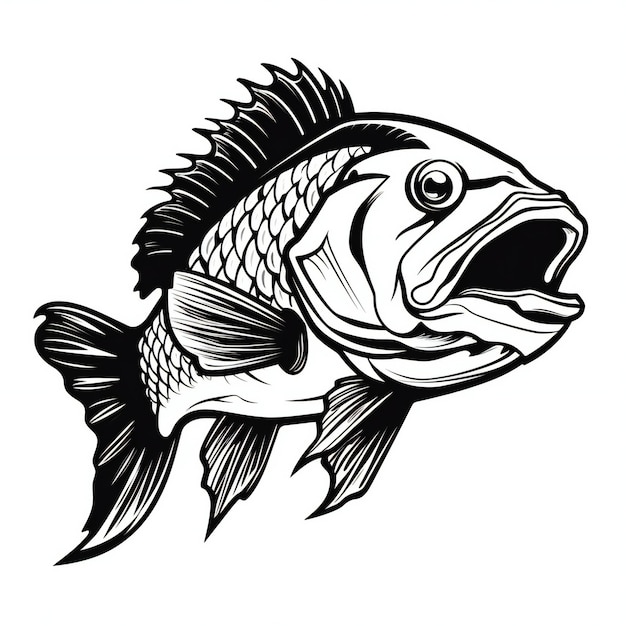 Schwarz-Weiß-Fisch-Maskottchen-Silhouette-Illustration für das T-Shirt-Design