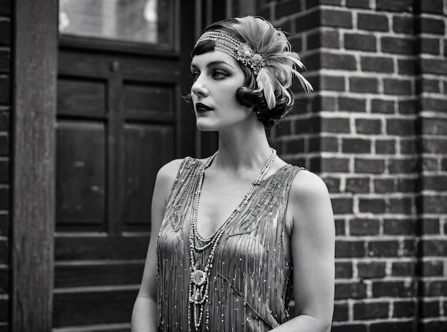 Schwarz-Weiß-Foto einer Person, die in der Mode der 1920er Jahre gekleidet ist, generiert von KI