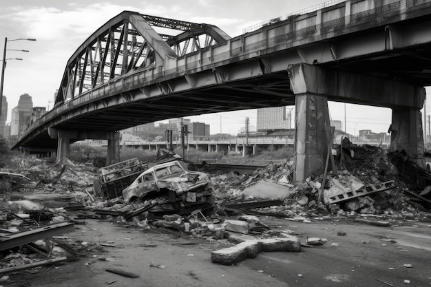 Schwarz-Weiß-Foto einer zerbombten Brücke mit verdrehtem Metall und zerbrochenem Beton. Generative KI