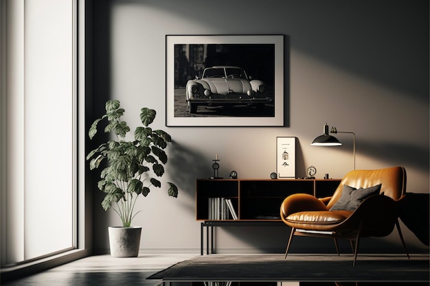 Schwarz-Weiß-Foto eines Autos im Wohnzimmer, generative KI