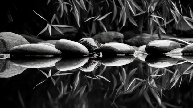 Schwarz-Weiß-Fotografie eines Flusses mit Felsen und Pflanzen.