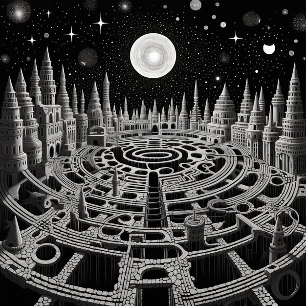 Schwarz-Weiß-Grunge-Geometrie-Stammeslabyrinth-Surreal-Stil